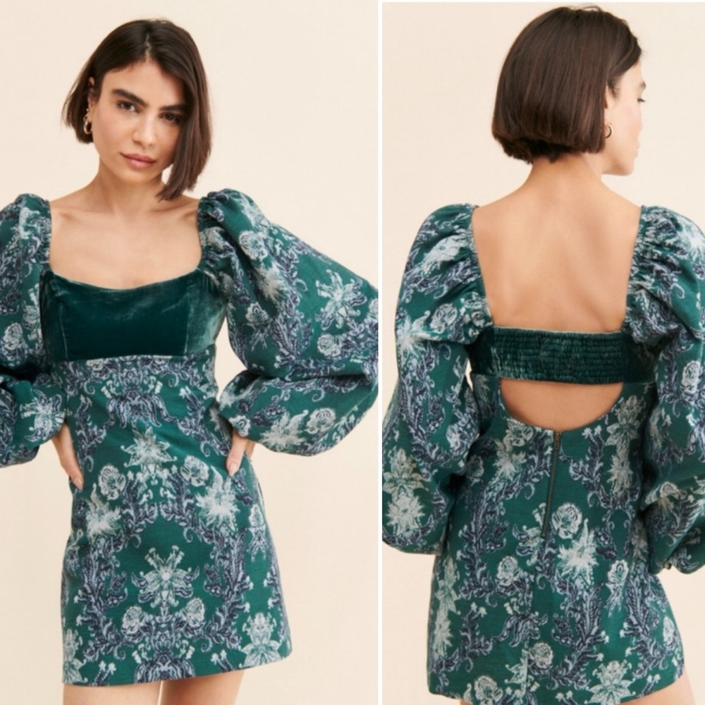 Free People Lauren Mini Dress Green Tapestry/ Velvet Puff Sleeves Size L